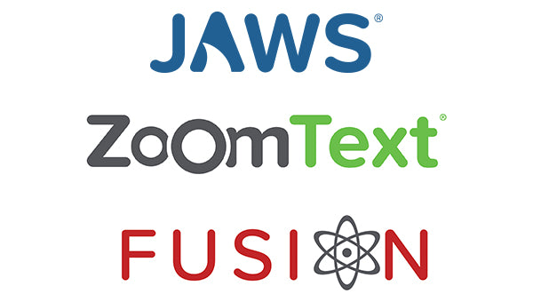 JAWS, ZoomText, and Fusion logos